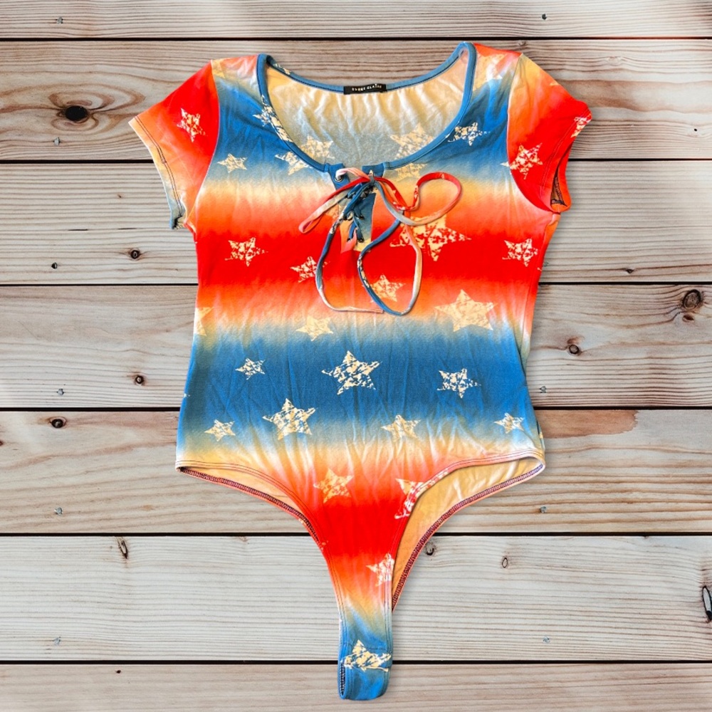 NWOT Sweet Claire Red White Blue Star Print Tie Front Bodysuit Women’s Large L